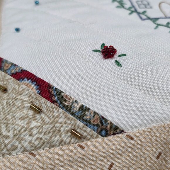 Handmade Quilted Beaded Throw Pillow Embroidered House & Heart Design 10" Square - Picture 9 of 13